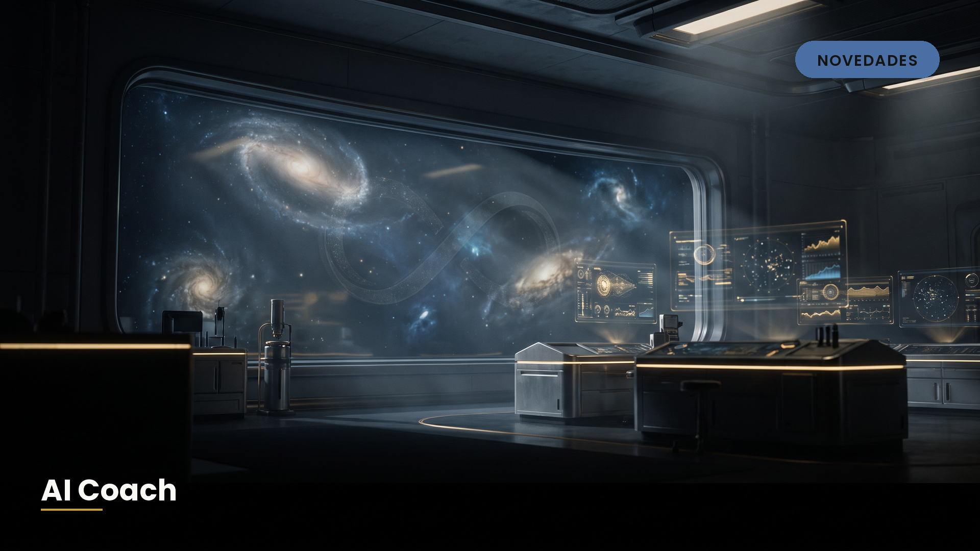Laboratorio futurista con galaxias y paneles de datos, ilustración de novedades de inteligencia artificial